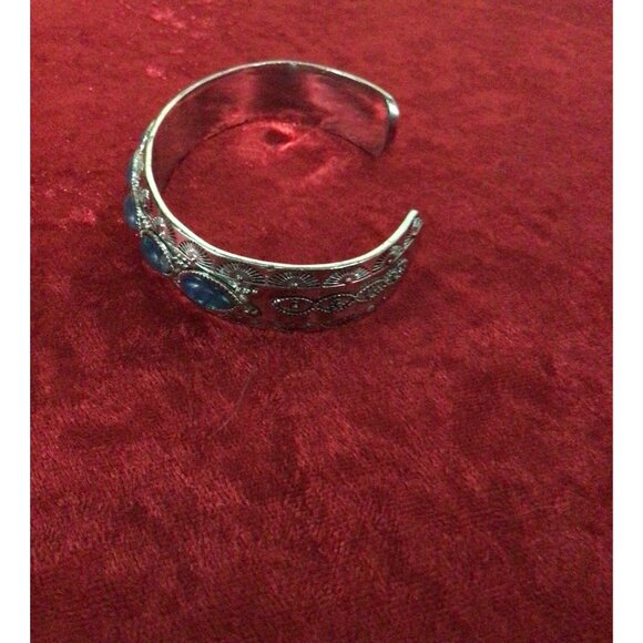 Faux Blue Opal Silver Tone Cuff Bracelet - Picture 5 of 10